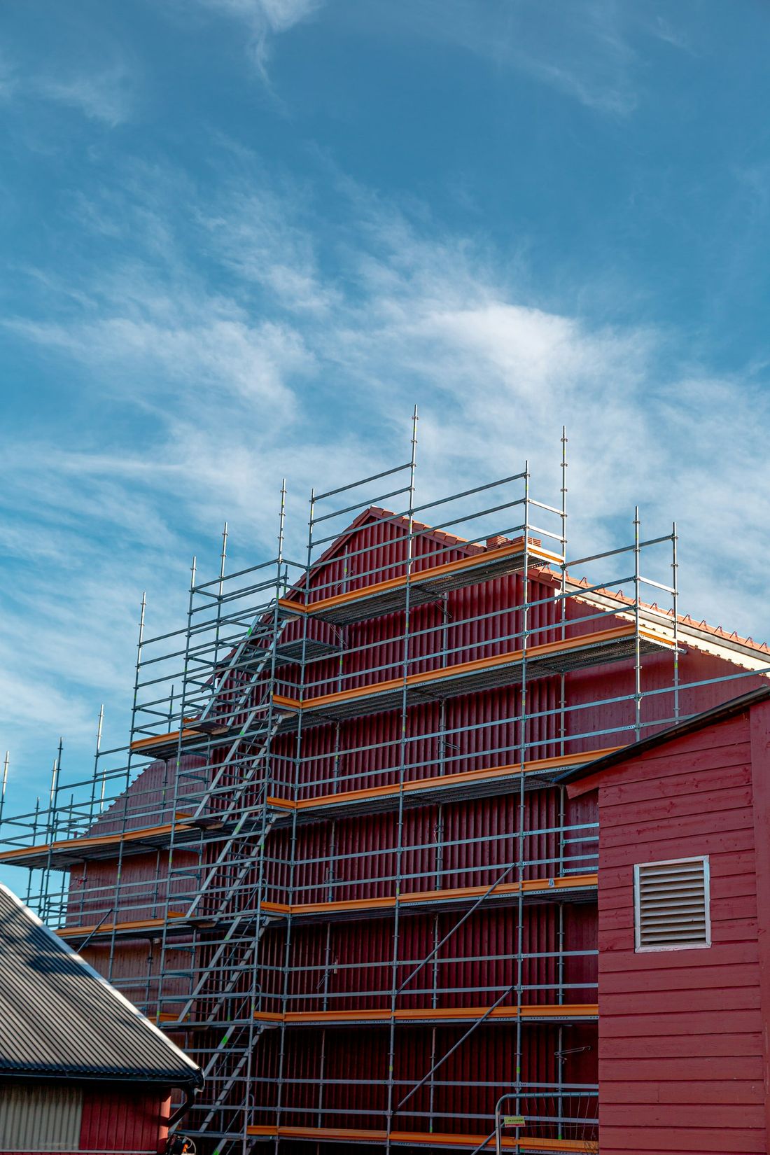 Building wrapped in scaffolding